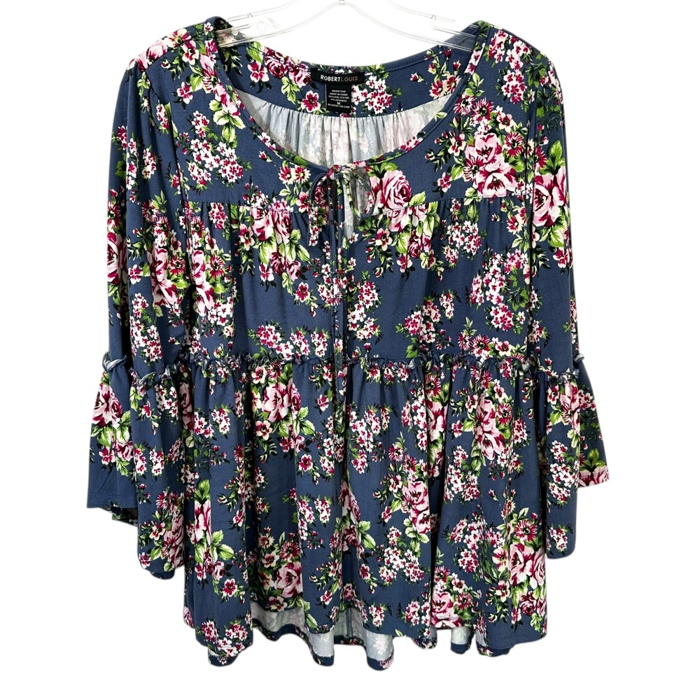 Robert Louis Medium Top Blue Floral Bell Sleeve Peasant Boho Feminine Ditsy 1213